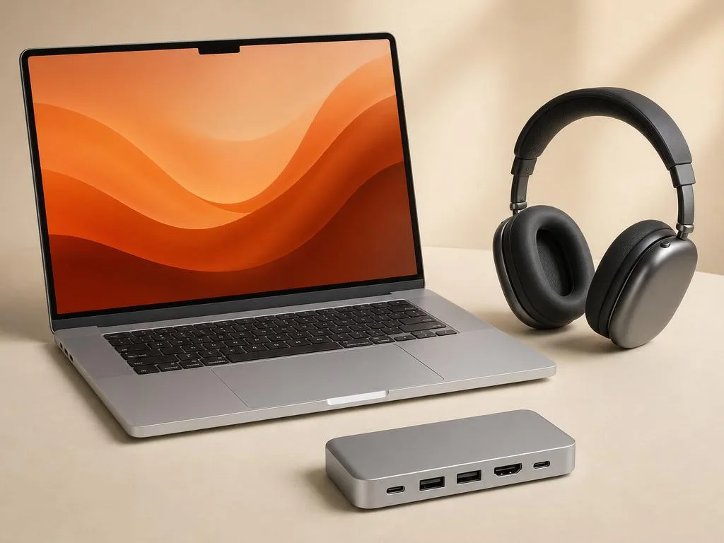 Illustration of a laptop, headphones and USB-C dock arranged on a warm-toned desk.