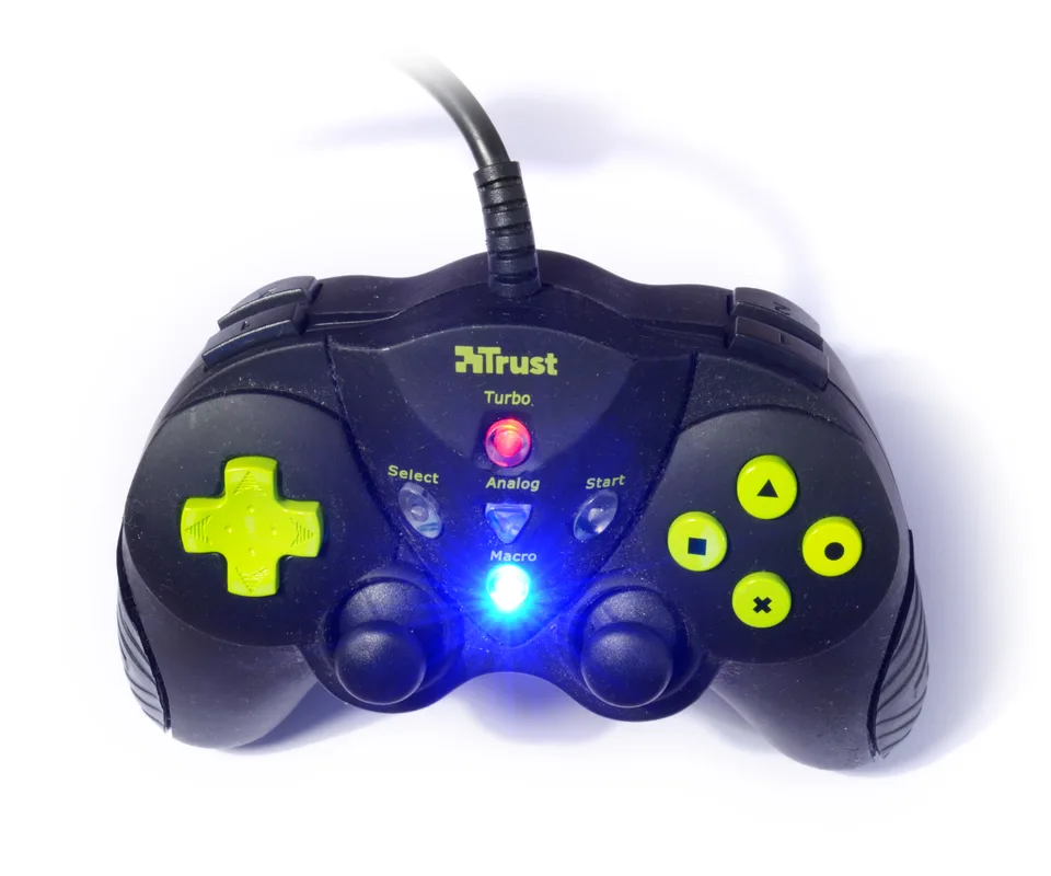 Dark blue Trust GM-1500 wired gamepad with bright green buttons and joysticks