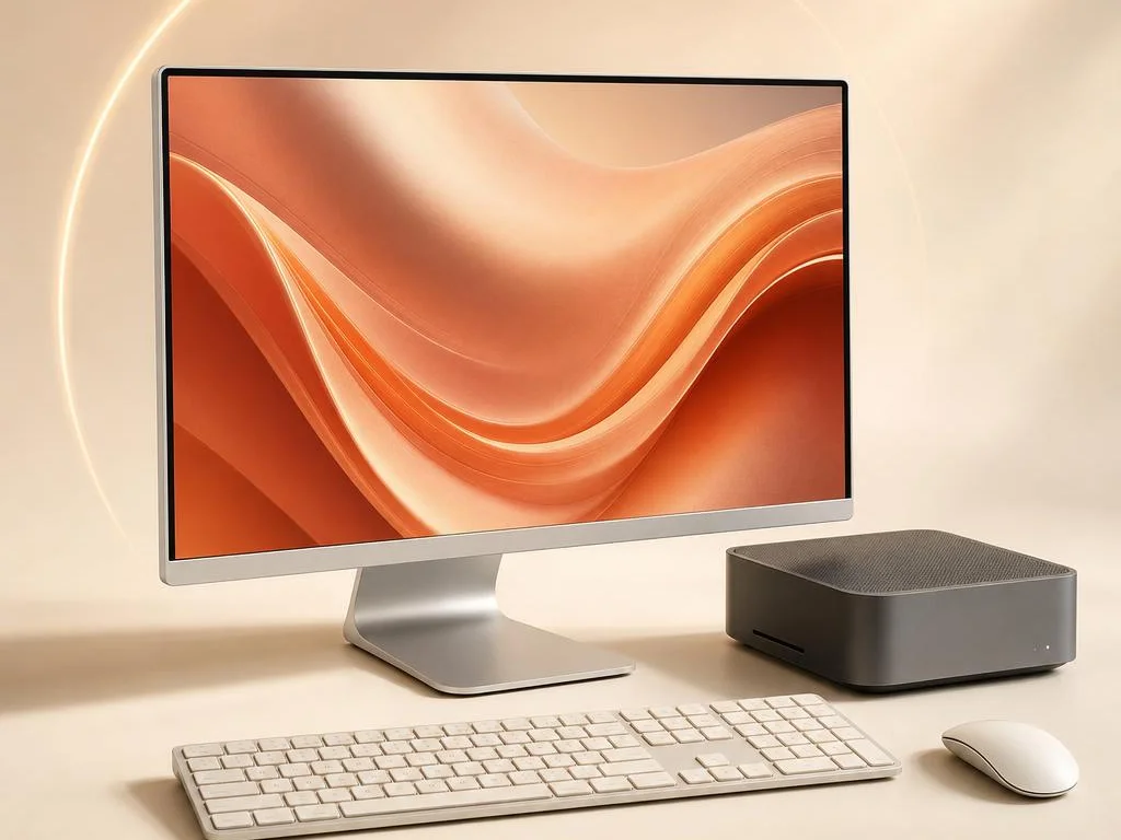 Illustration of a modern desktop setup with a monitor, compact computer, keyboard and mouse.